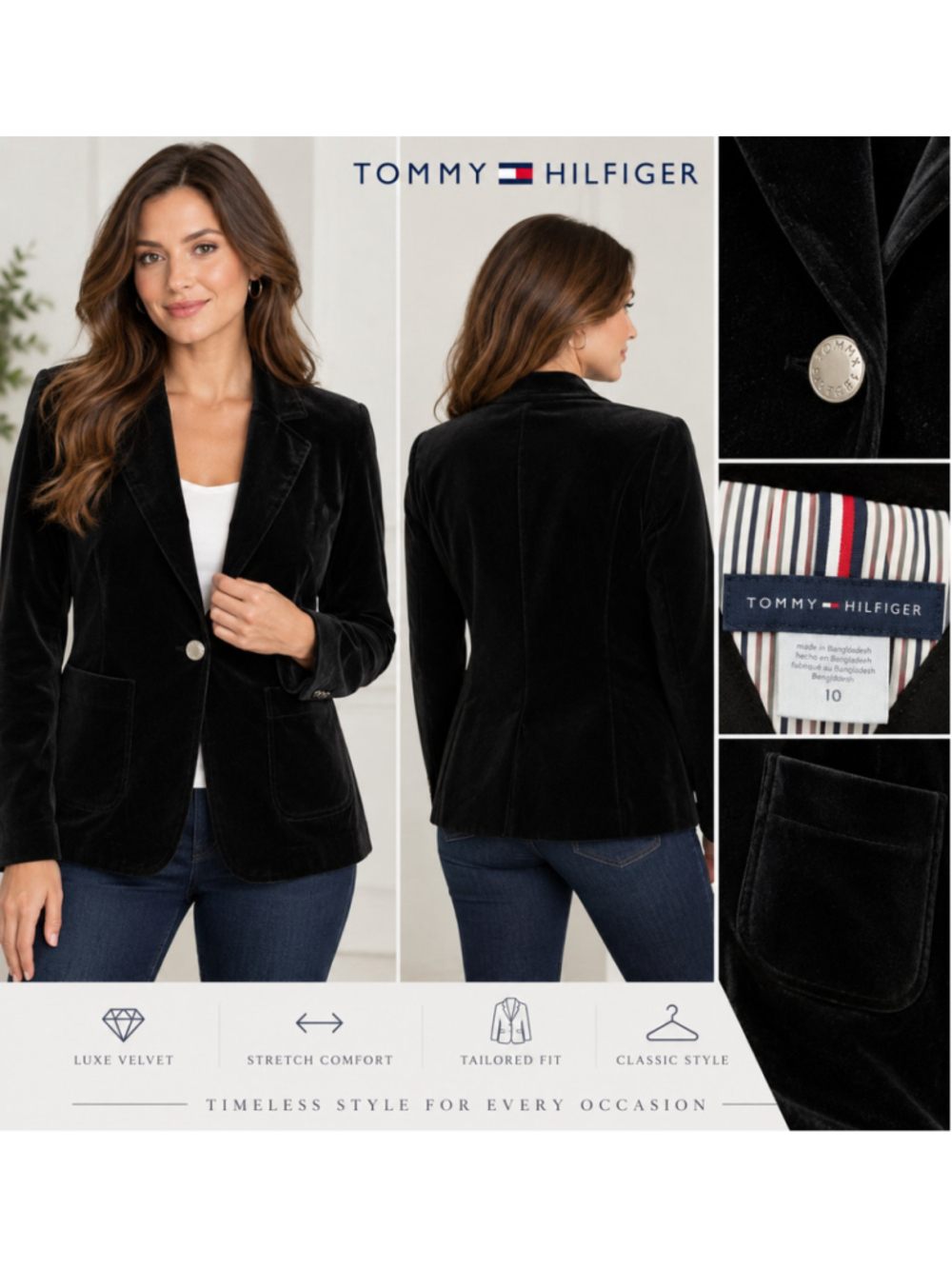 Tommy Hilfiger Black Velvet Blazer Women’s Size 10 Stretch One Button Jacket